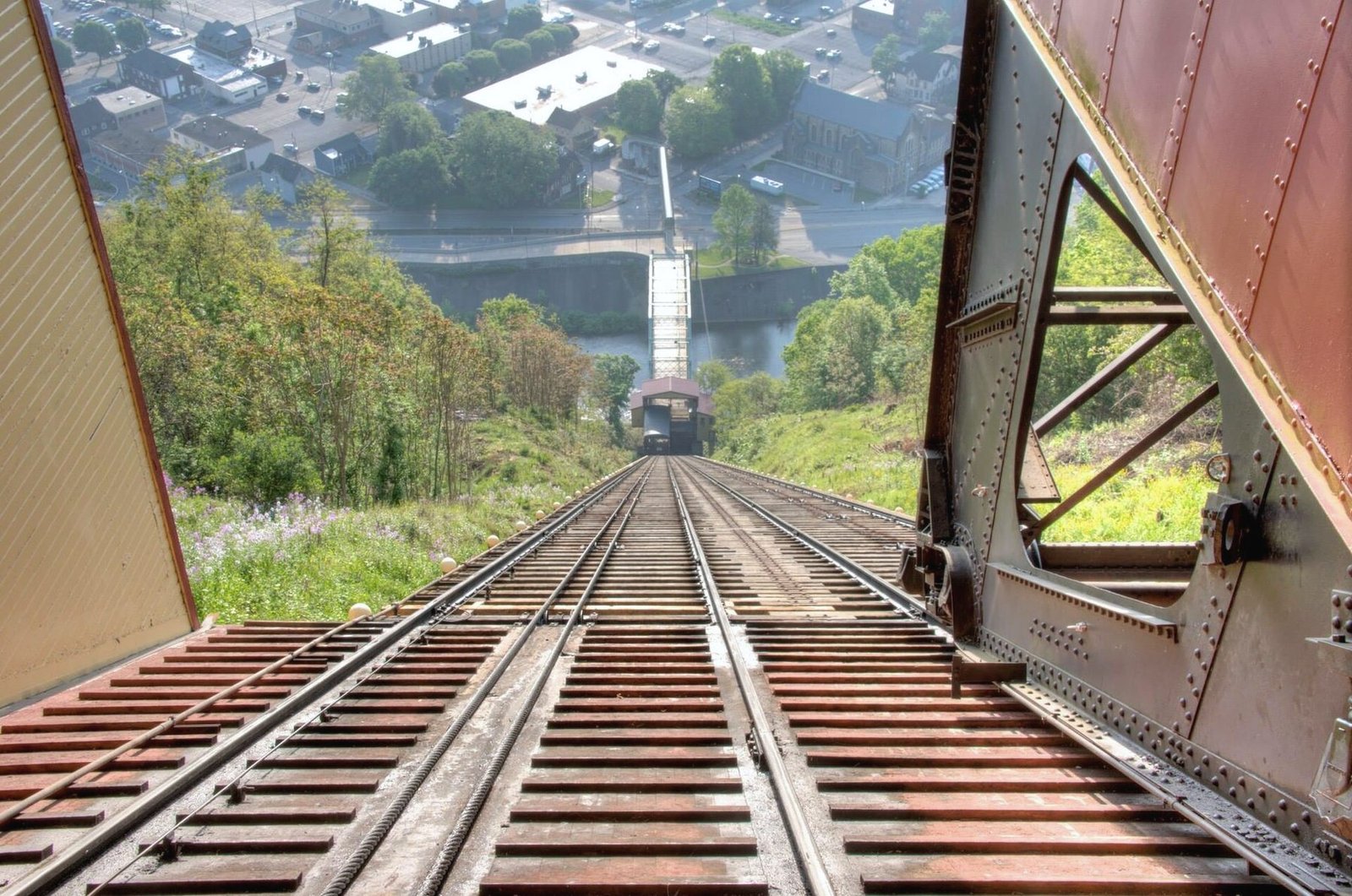 View straight down the Inclined Plane track from the upper station toward the valley floor